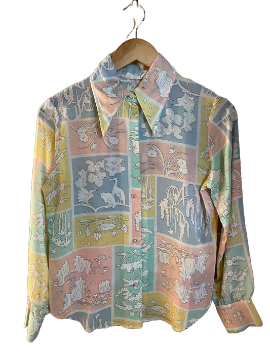 1970s Pastel Patchwork Print Cotton Gauze Blouse