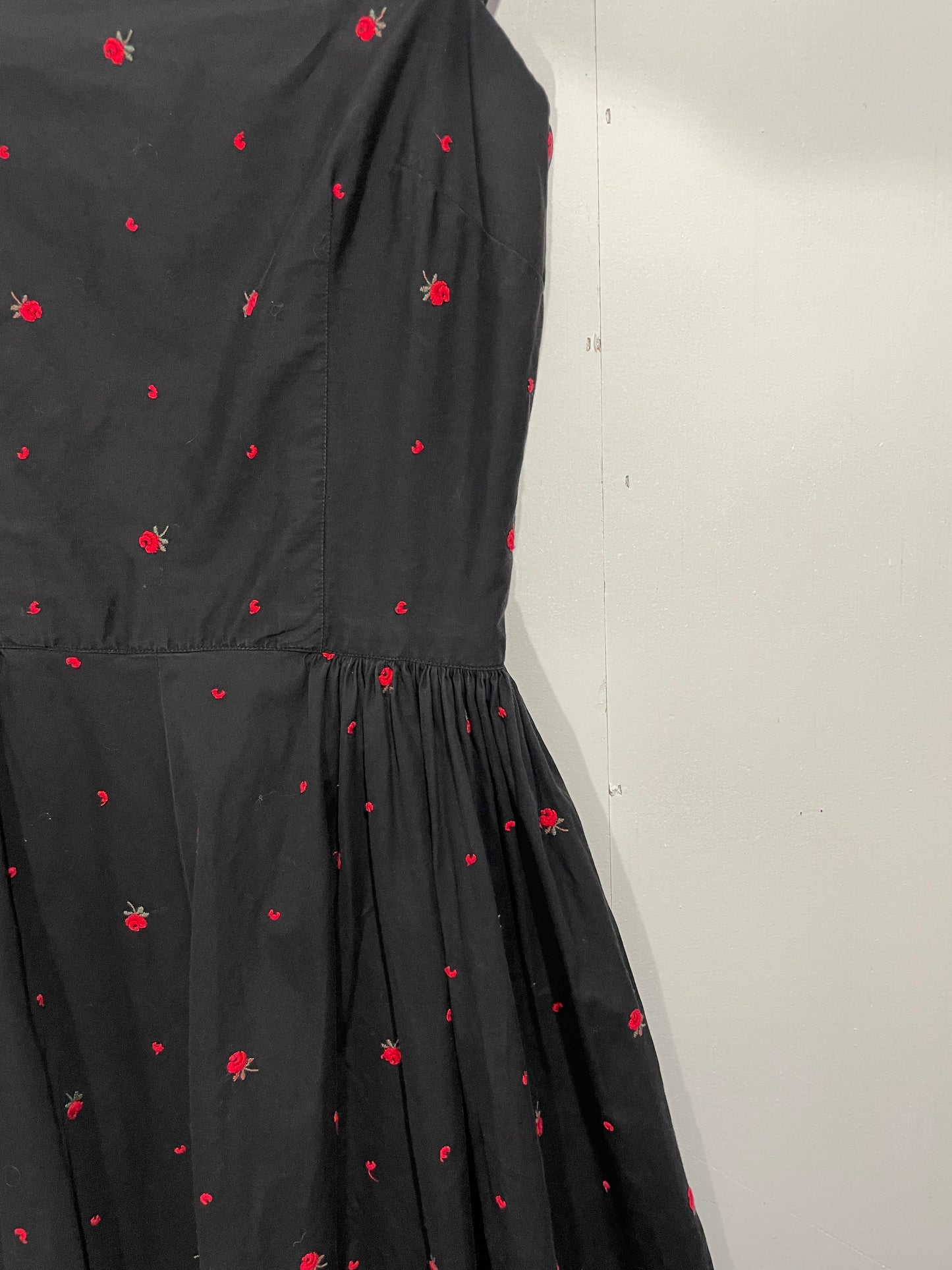 1970s Black Cotton Embroidered Rose Cotton Tank Dress