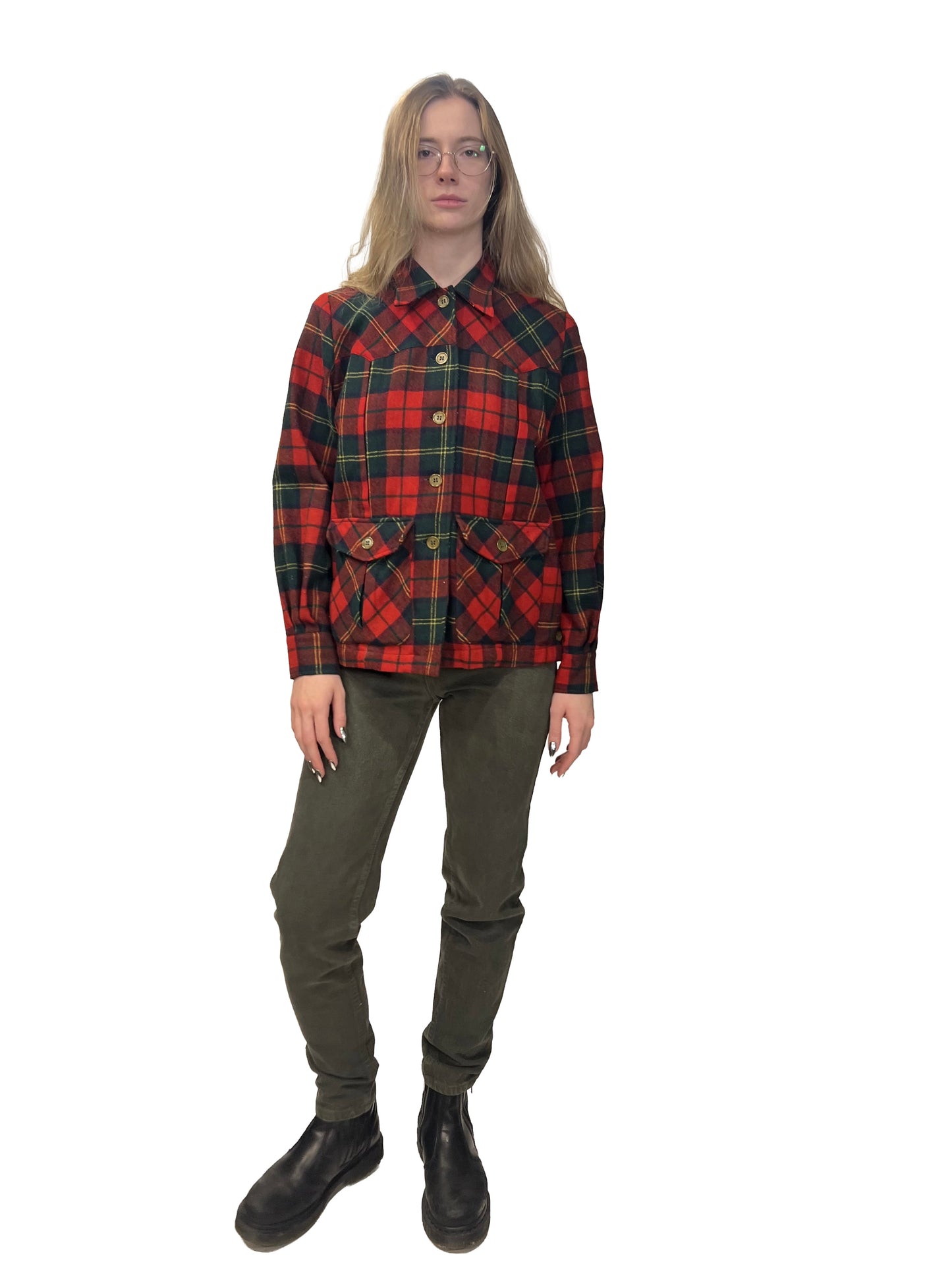 1950s Red Green Plaid ‘American Golfer’ Pleated Plaid Wool Shirt Jac