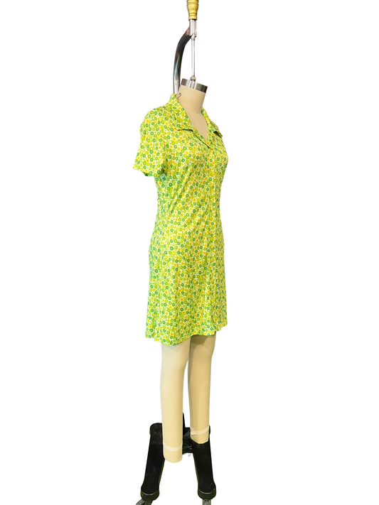 1990s Lime Green Floral Stretch Knit Mini Dress