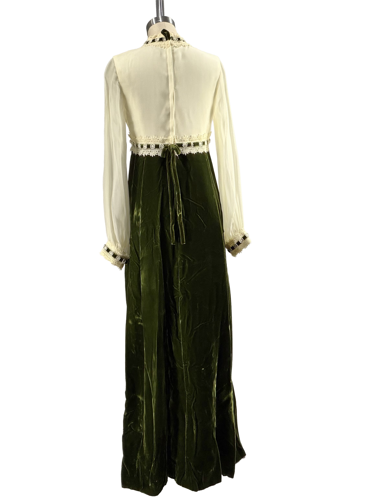 1960s Ivory Chiffon Emerald Velvet Baroque-Inspired Gown