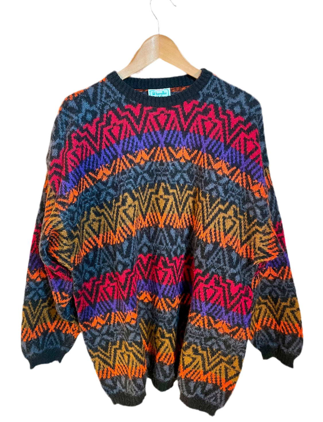 1980s Benetton Mulitcolor Thunderbird Intarsia Acrylic Knit Sweater