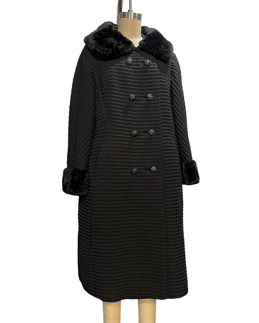 1960s Black Wool Fur Trim Tailored Coat