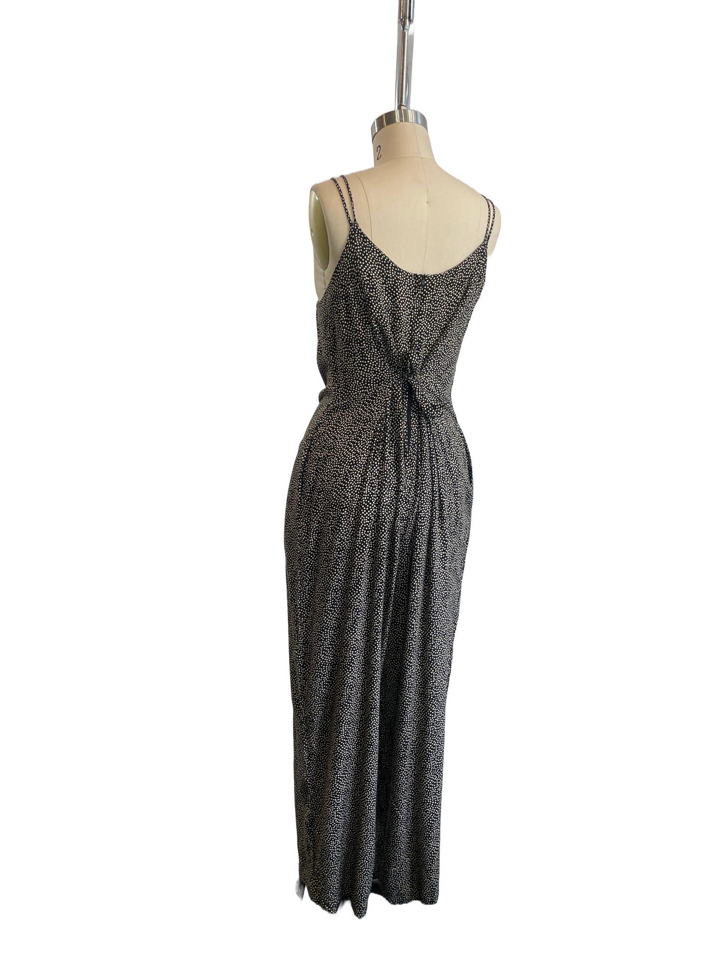 1980s Black Tan Dotted Rayon Jumpsuit