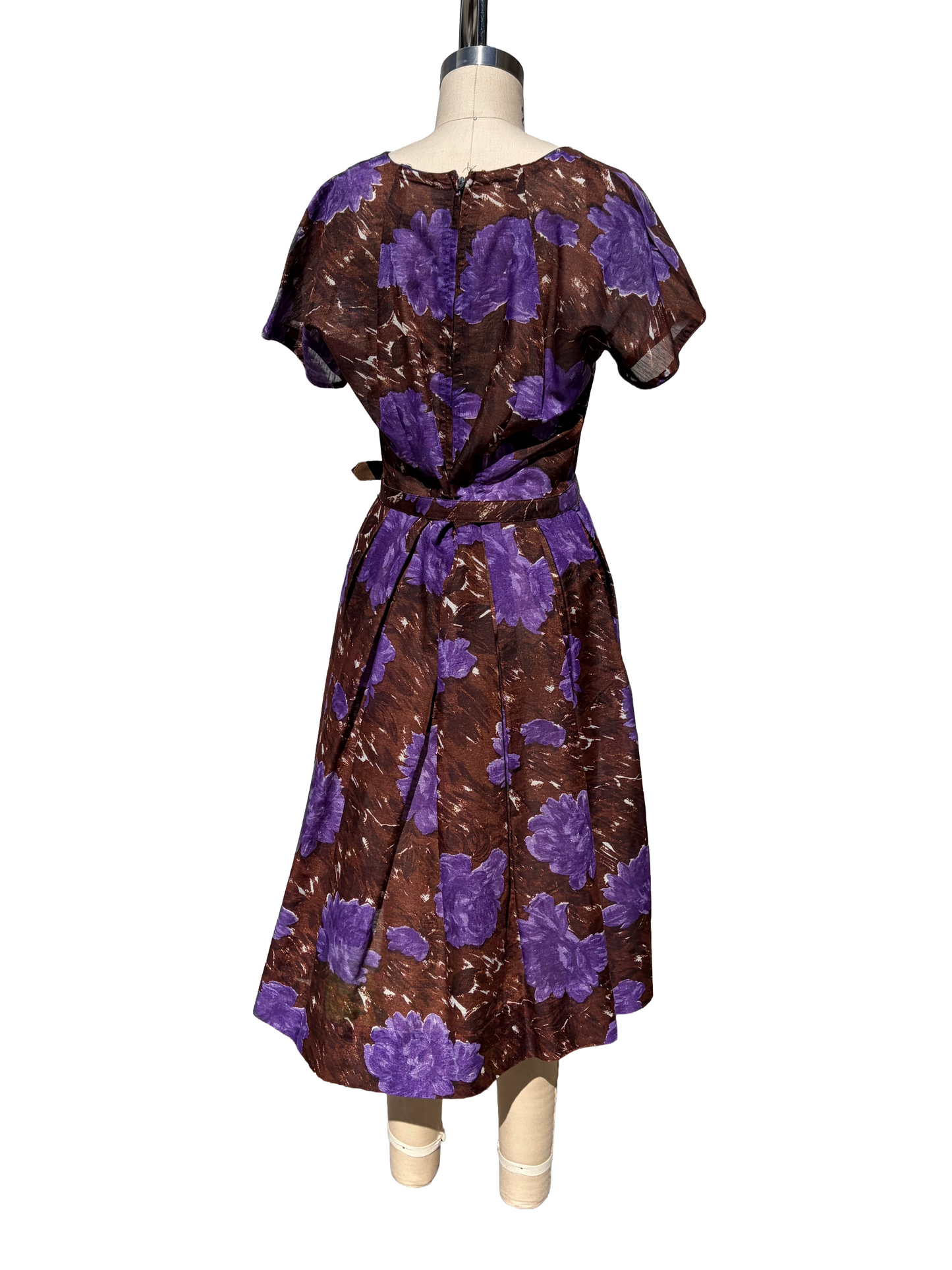 1950s Brown Purple Painterly Print L’Aiglon Bolero Day Dress