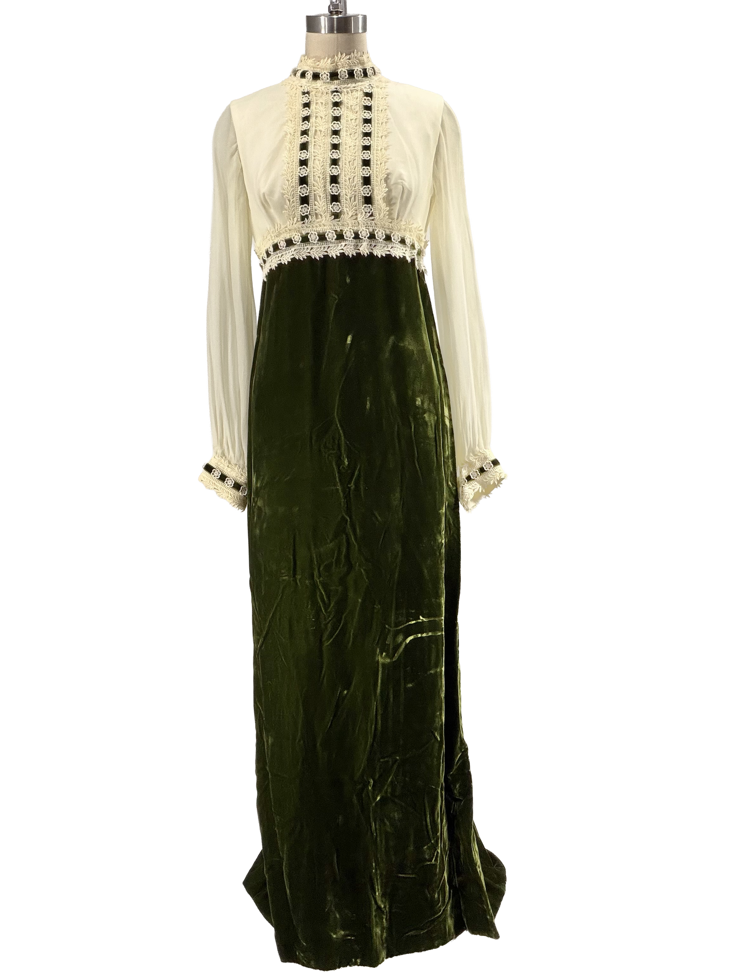 1960s Ivory Chiffon Emerald Velvet Baroque-Inspired Gown