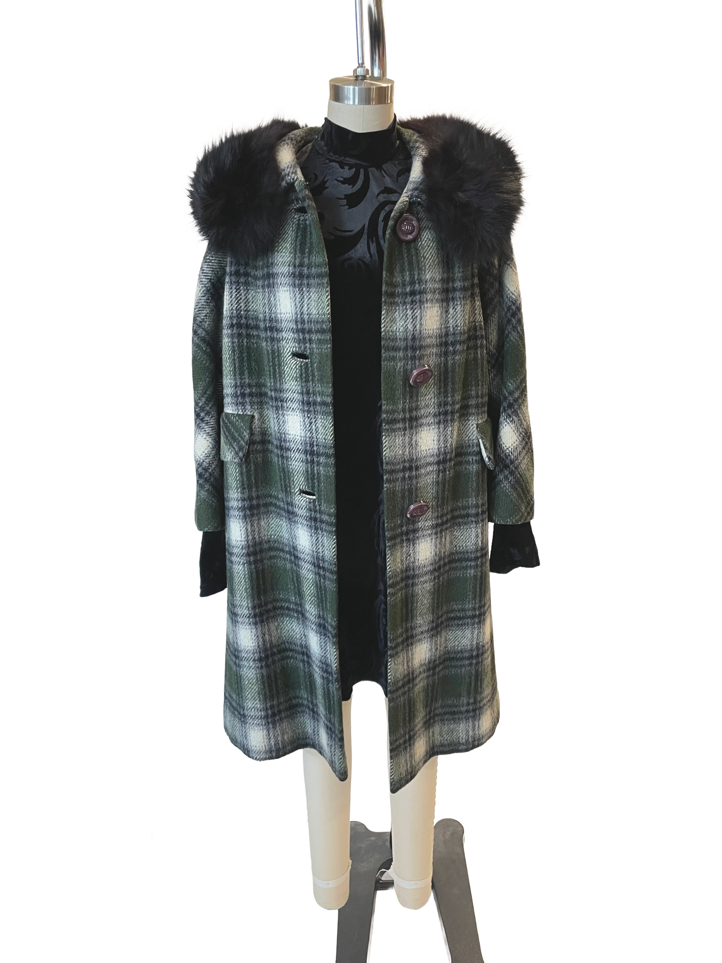 1950s Olive Black Cream Plaid Wool Rabbit Fur Collar Coat