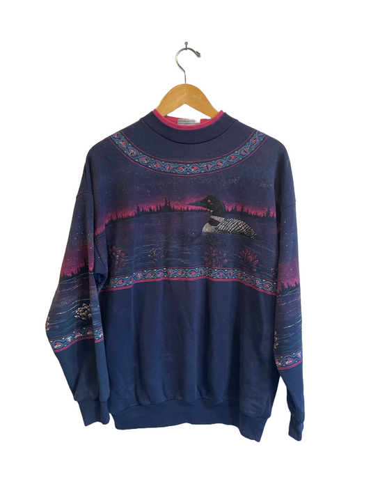 1990s Navy Blue Loon Wraparound Print Crewneck