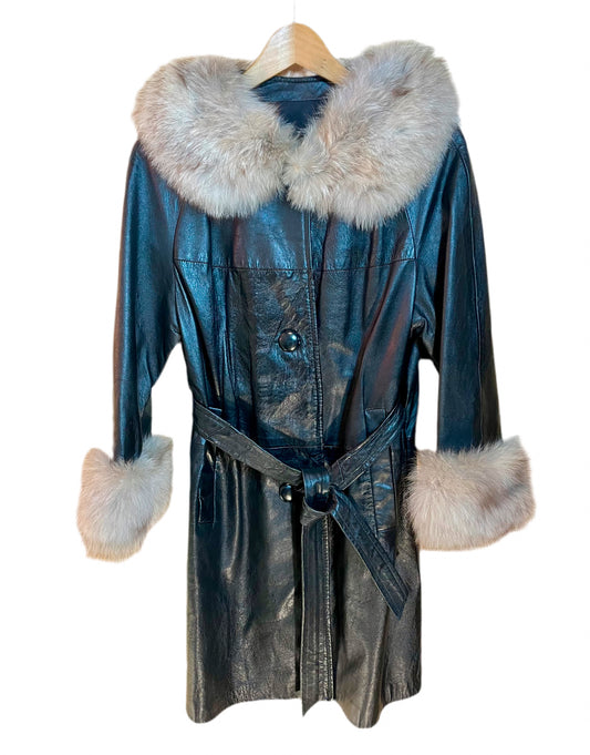 1960s Black Leather Covered Button Fur Collar Swing Jacket