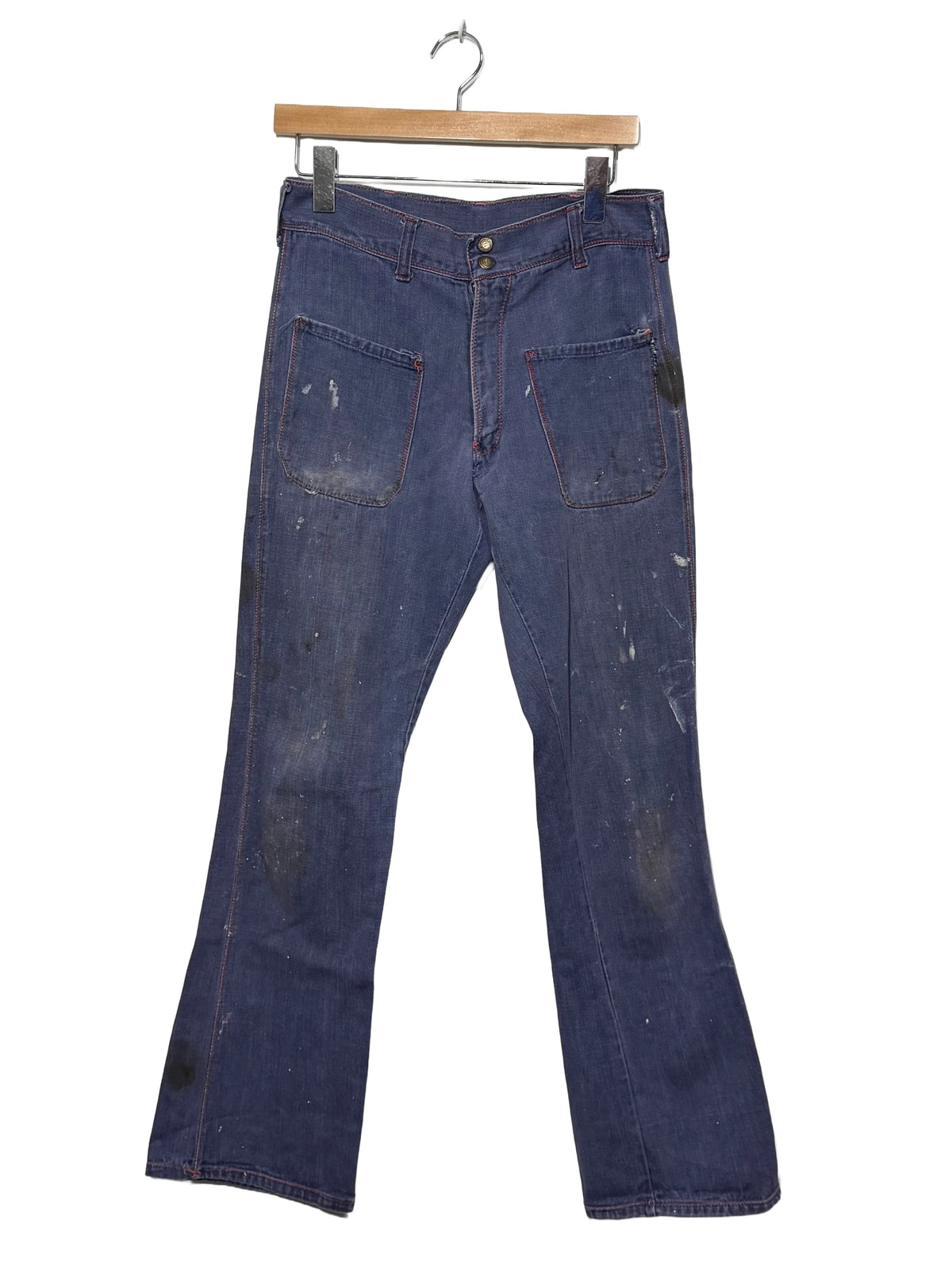 1970s Flared Blue Patch Pockets Jeans