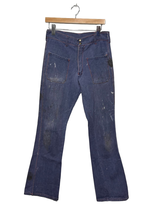 1970s Flared Blue Patch Pockets Jeans