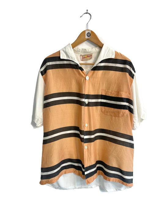 1950s Two-Tone Copper White Silk Rayon Panels Loop Collar Shirt