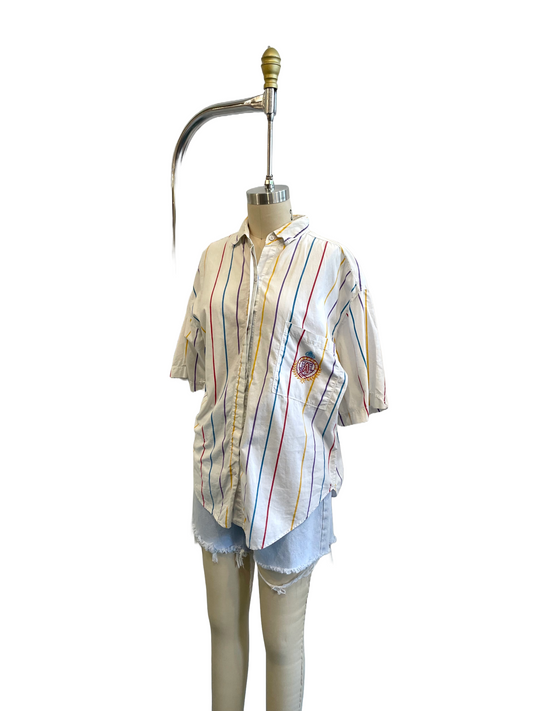 1980s White Multicolor Stripe Embroidered Emblem Blouse