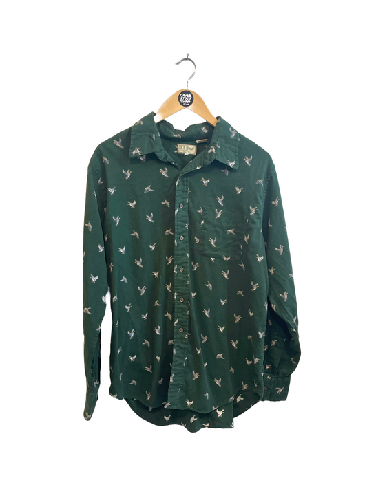 1990s Dark Green Mallard Print Cotton Long Sleeve Shirt