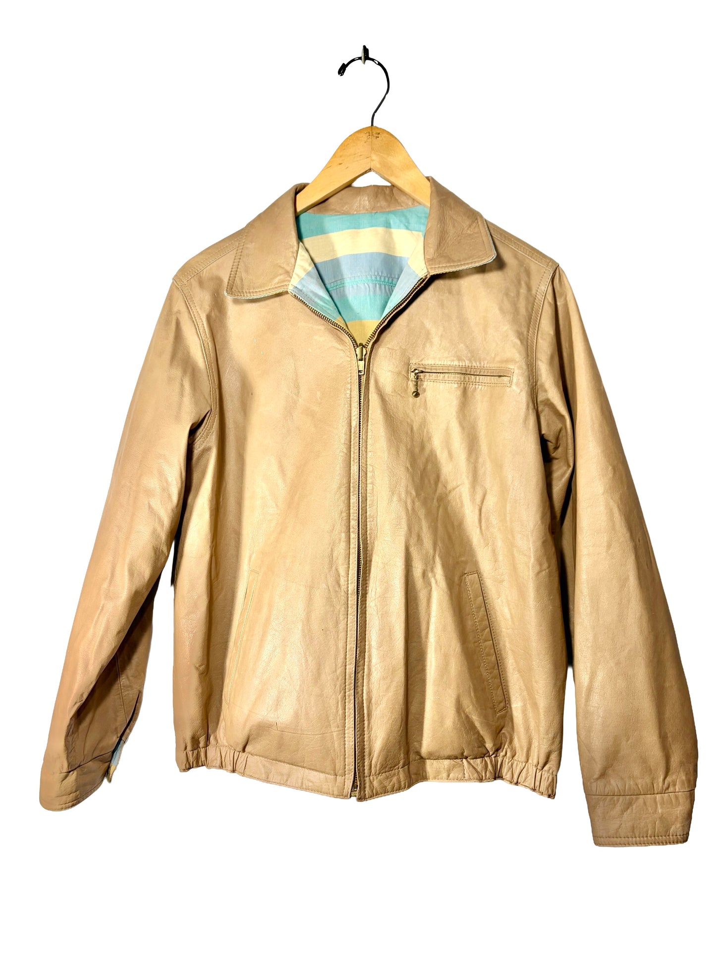 1950s Almond Leather Seabreeze Stripes REVERSIBLE Zip Rickey Jacket
