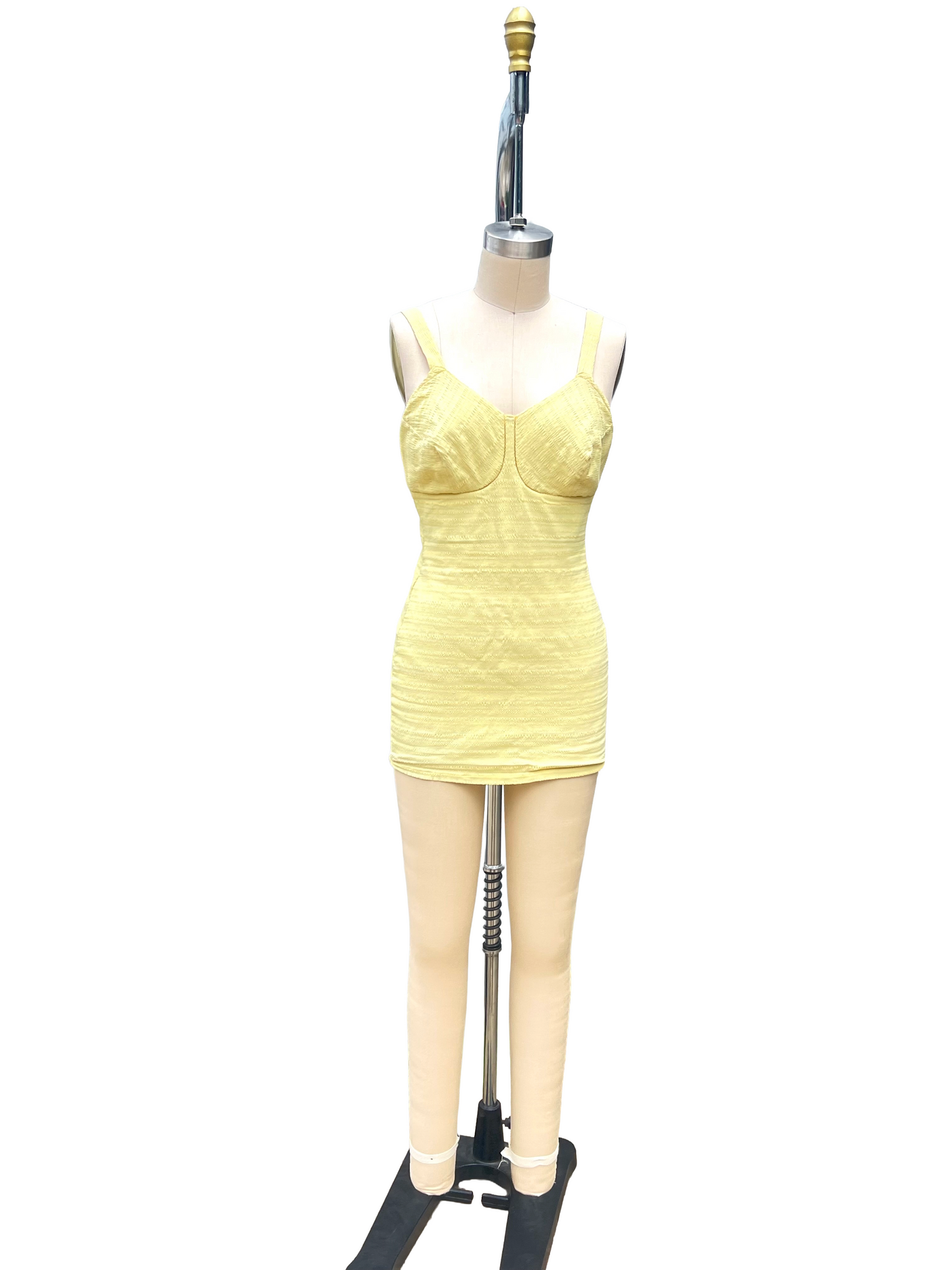 1950s Butter Yellow Textured Stretch Nylon Caltex One-Piece Swimsuit