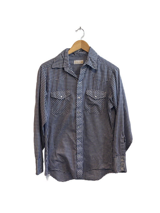 1970s Blue and White Gingham Poly Cotton Pearl Snap Western Style Shirt