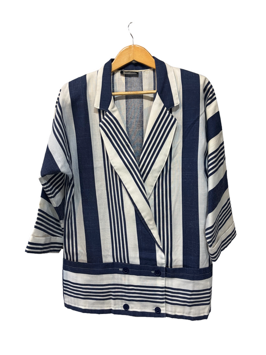 1980s Navy White Double Breasted Batwing Cotton Blazer