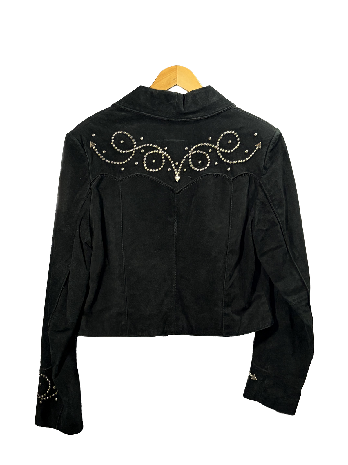 1980s Black Suede ’Copper Creek’ Studded Smile Pocket Western Leather Jacket