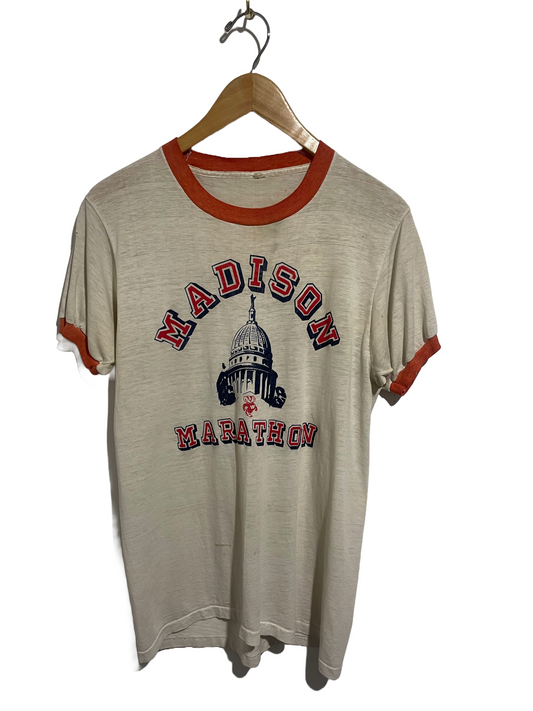 1970s White Well-Worn Madison Marathon Ringer Tee