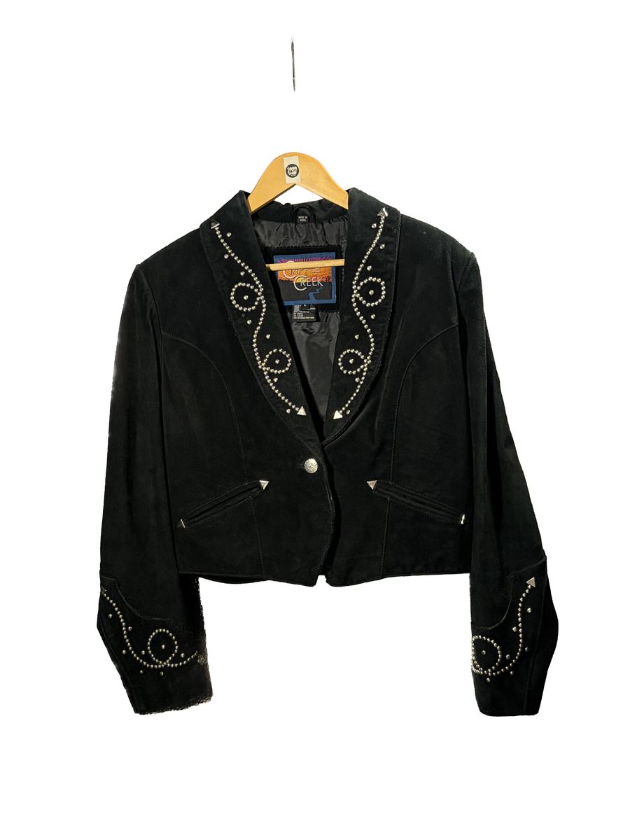 1980s Black Suede ’Copper Creek’ Studded Smile Pocket Western Leather Jacket