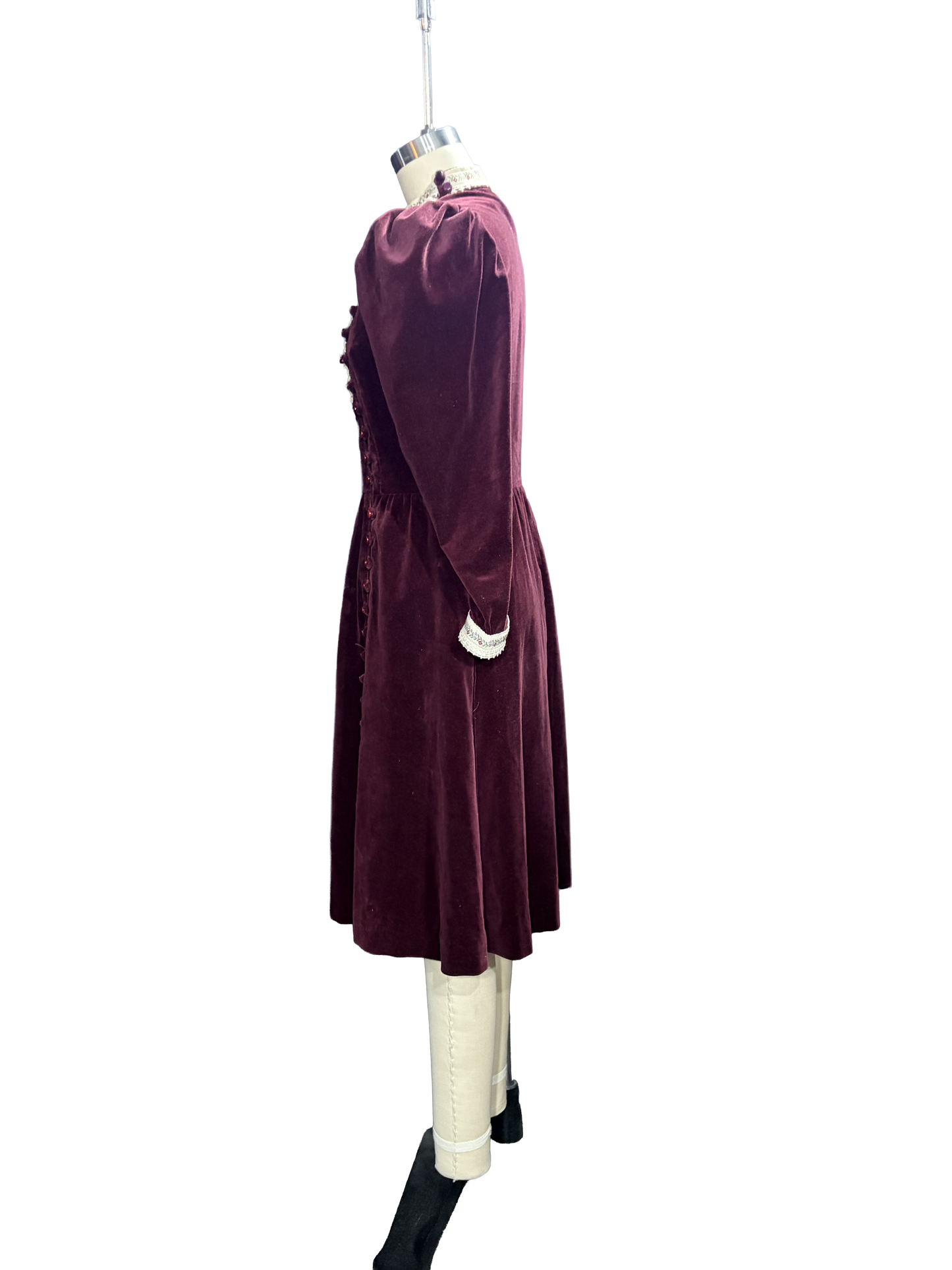 1970s Maroon Velvet Authentic Gunne Sax Edwardian-Inspired Prairie Dress