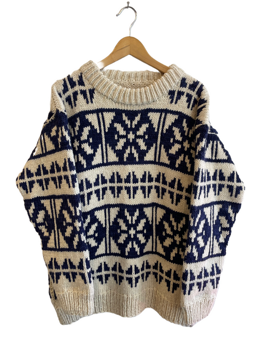 1990s Chunky Cream Navy Wool Sweater