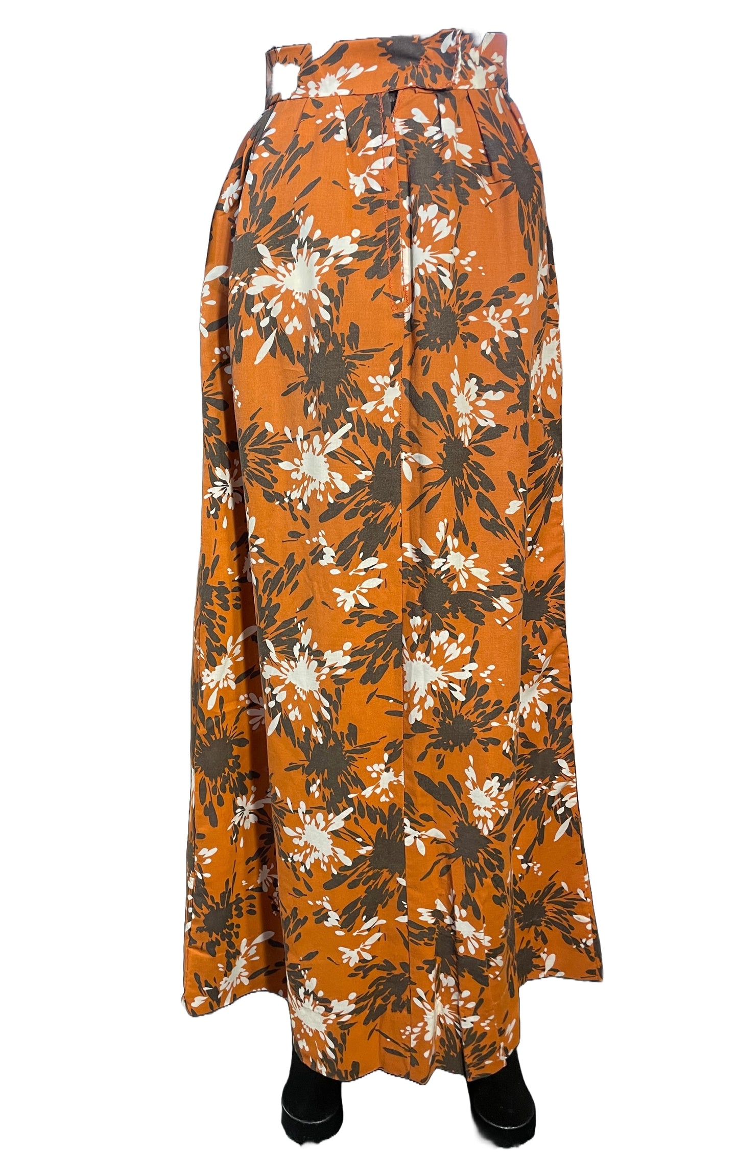 1960s Orange Brown White Burst Pattern Cotton Handmade Maxi Skirt