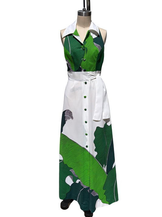 1970s White Green Tonal Abstract Leaf Print Open Back Maxi Swim Dress