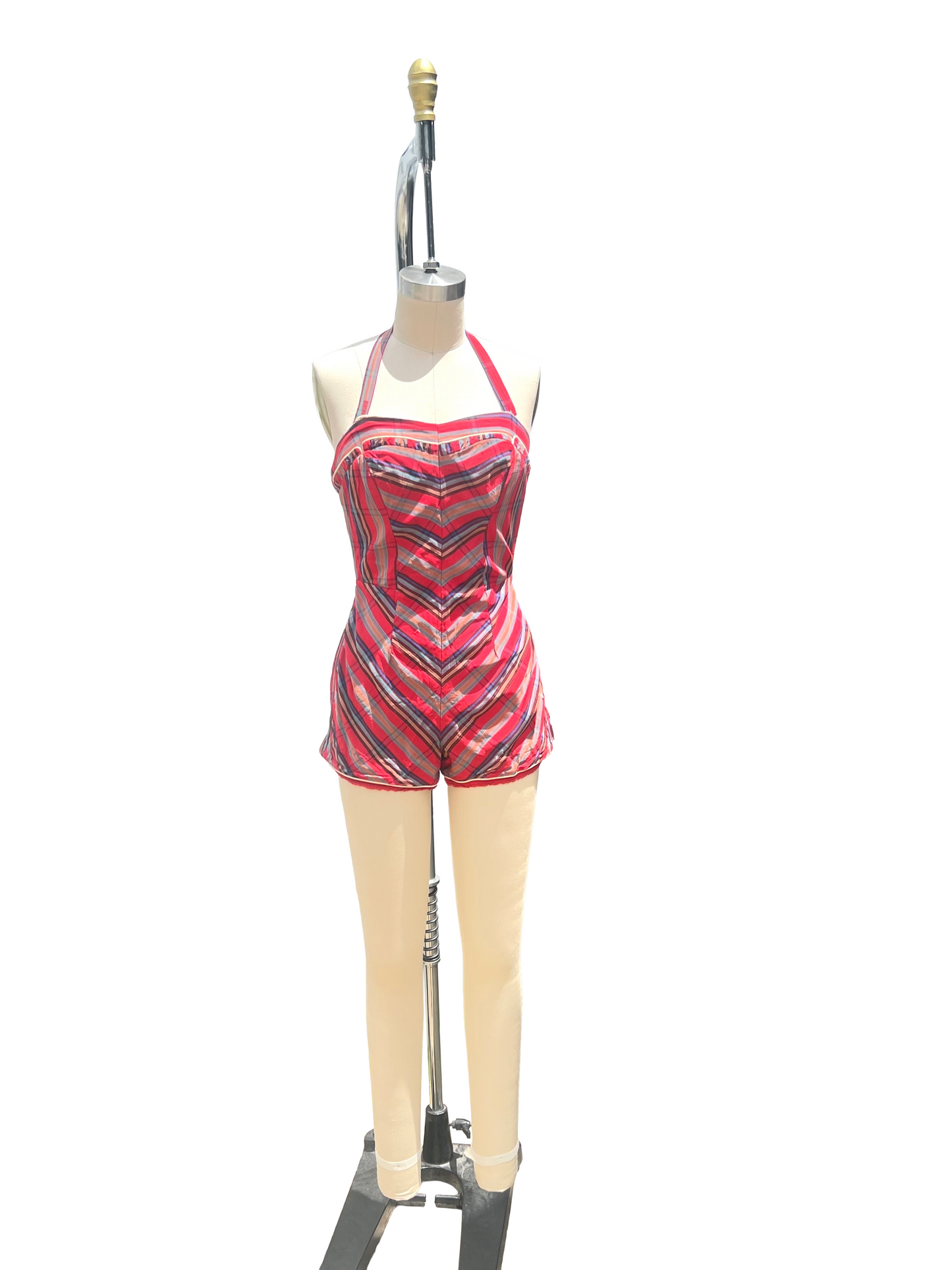 1950s Red Madras Catalina Halter Strap Zip Back Swimsuit