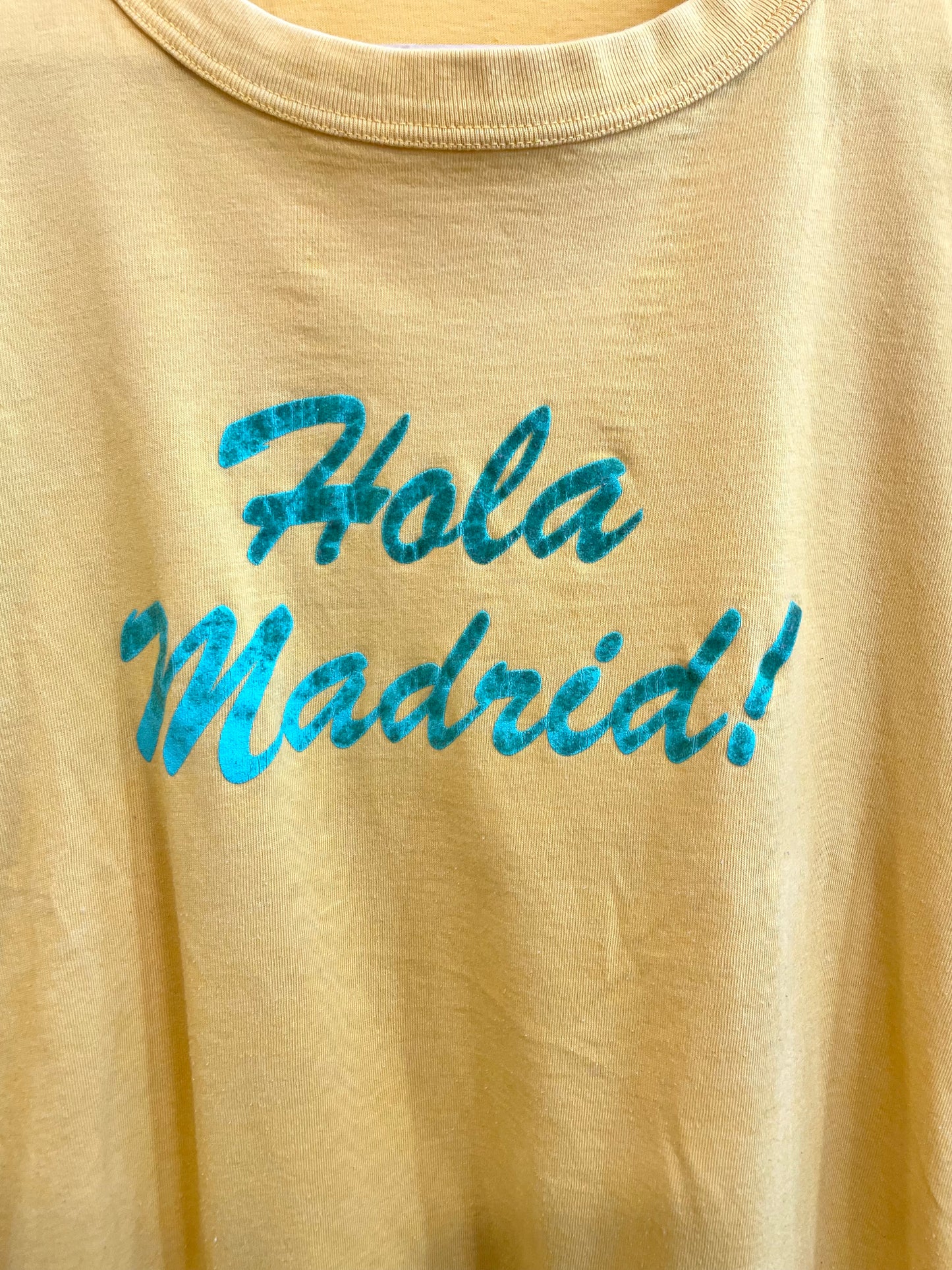 1980s Mustard Yellow Green Faded Flocking 'Hola Madrid' Tee