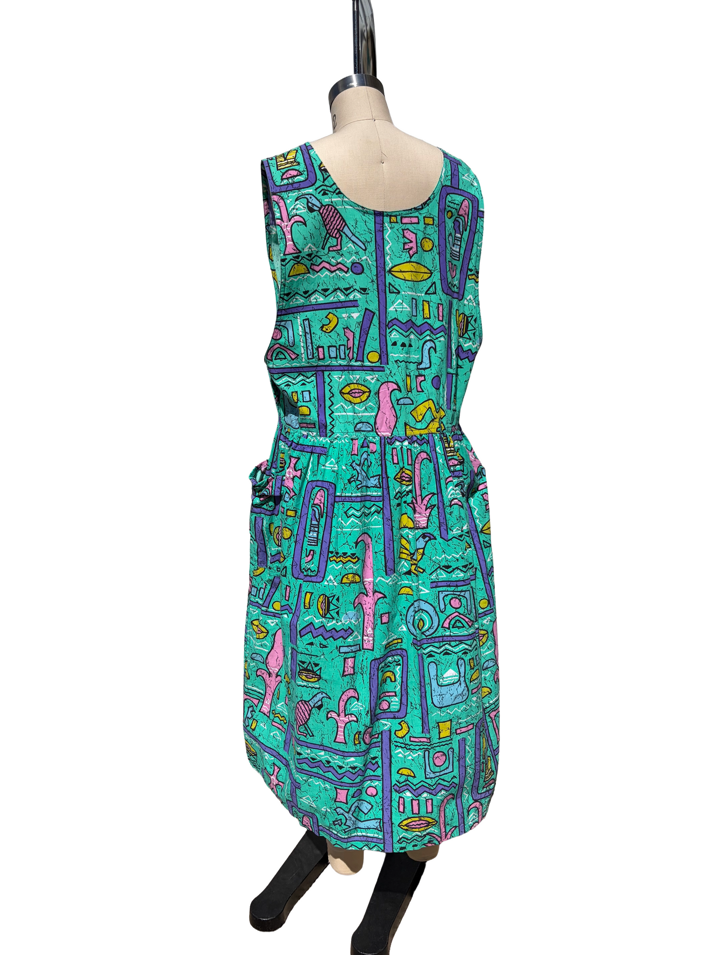 1980s Teal Purple Cracked Hieroglyphics Motif Cotton Jumper Dress