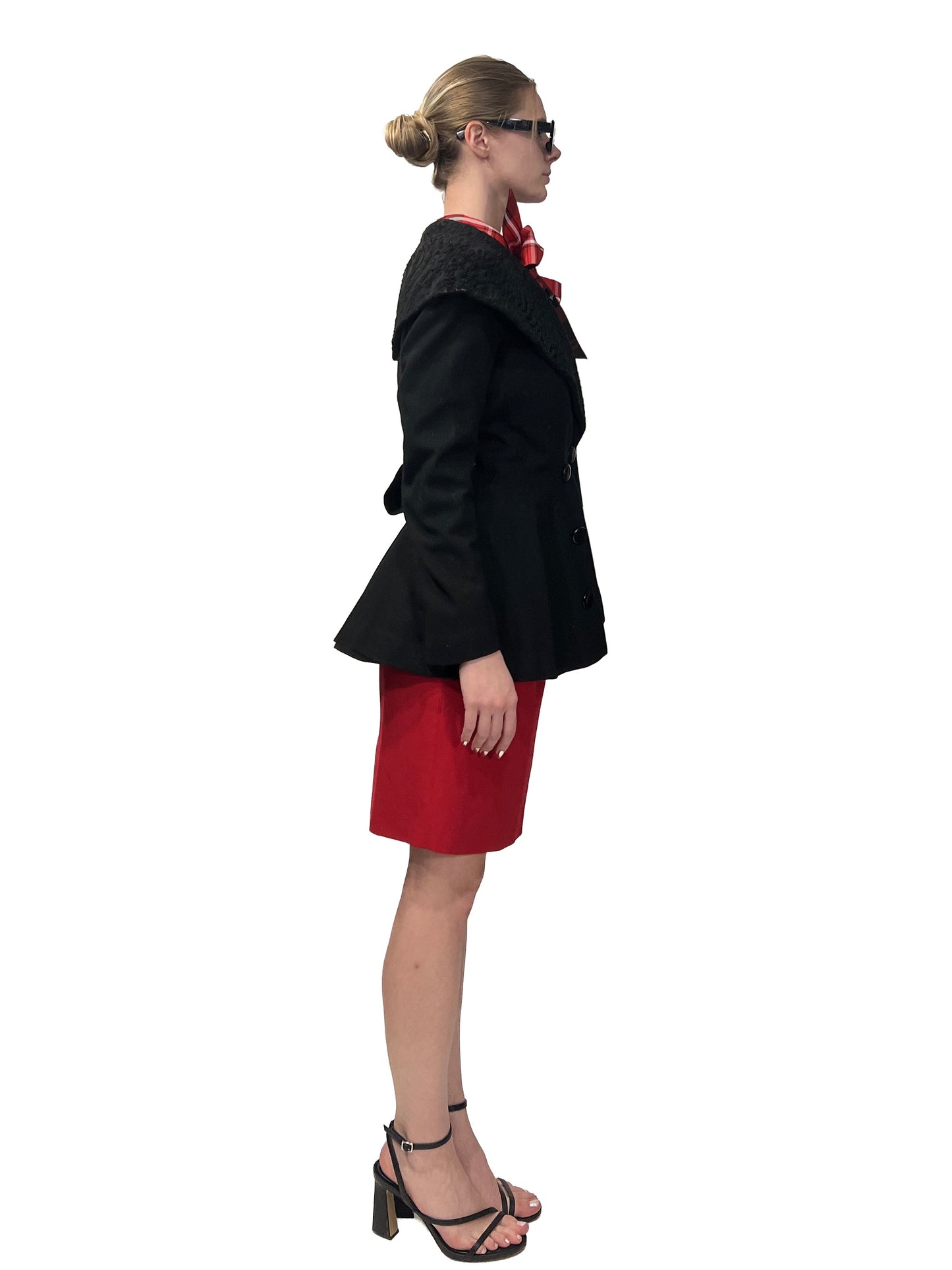 1950s Black Wool Felt Wide Lambs Fur Collar Fit & Flare Coat