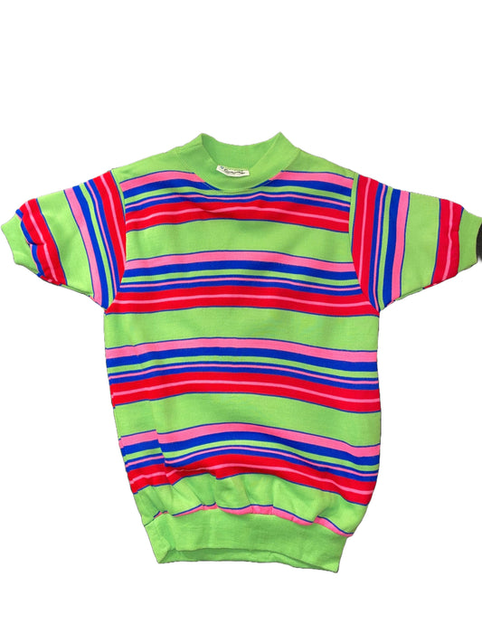 1970s Neon Green Red Pink Blue Striped Short Sleeve Sweatshirt