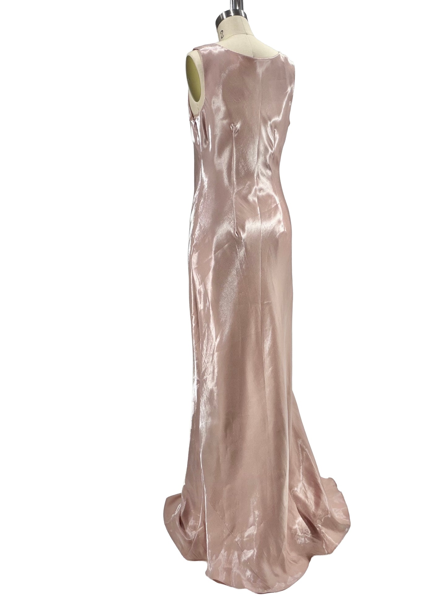 1990s Blush Pink Metallic Effect Bias Cut V-Neck Gown