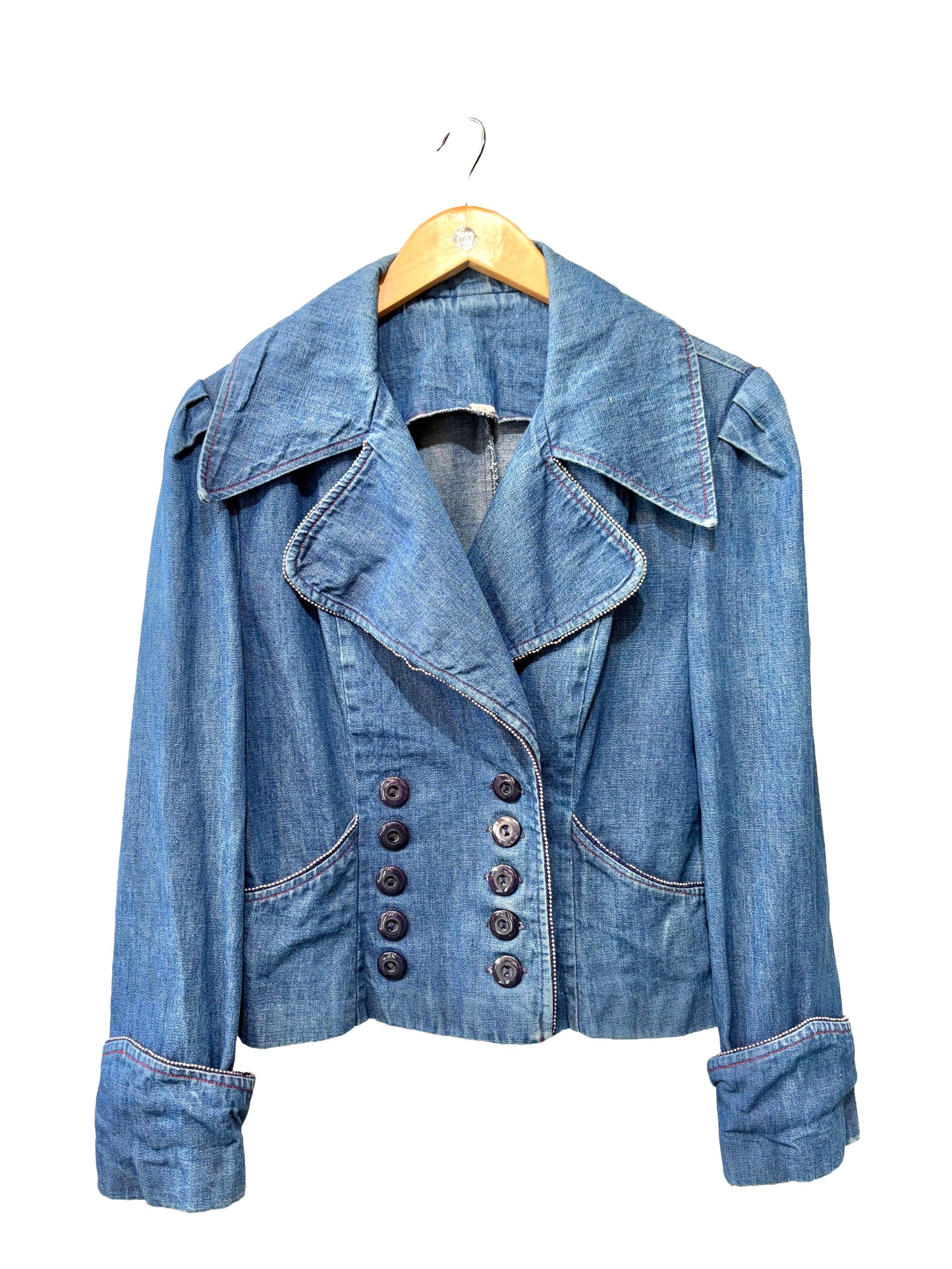 1970s Dark Wash Double-Breasted "The Outsider" Denim Beaded Jacket