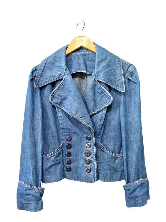 1970s Dark Wash Double-Breasted "The Outsider" Denim Beaded Jacket