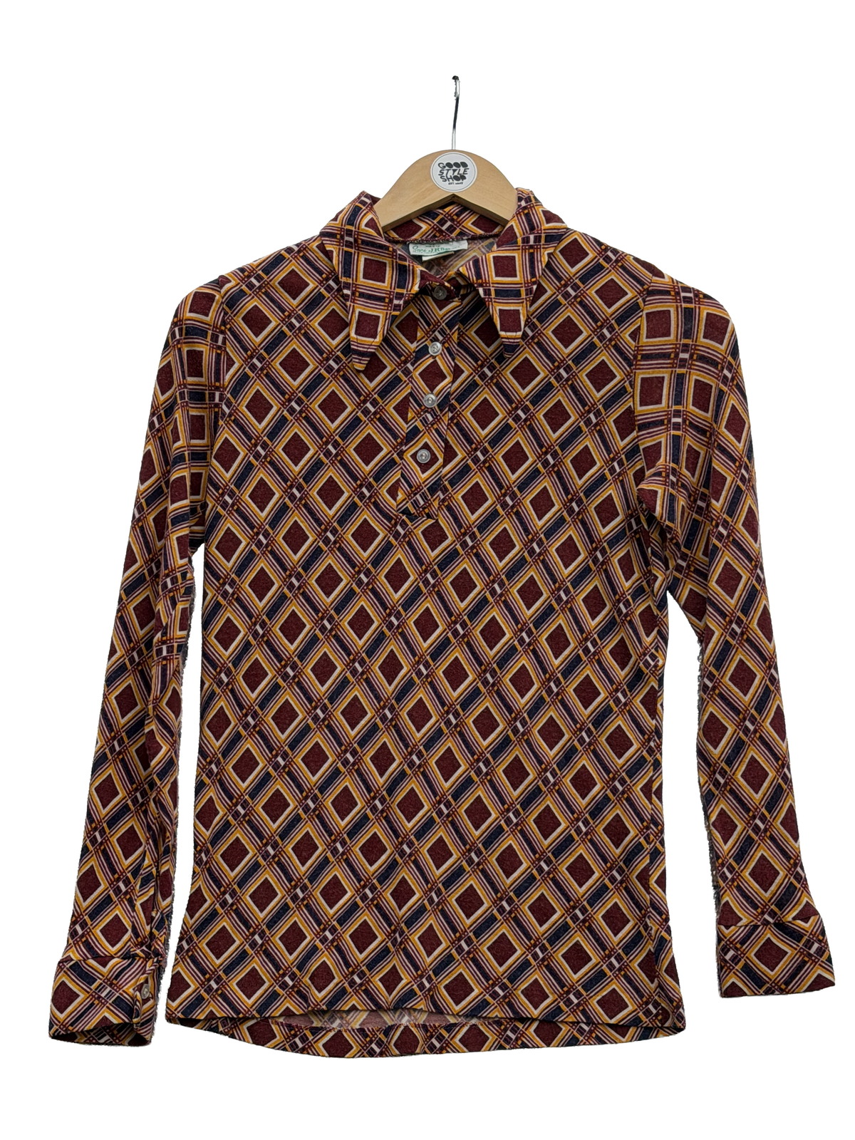 1970s Maroon Navy Diamond Print Fitted Shirt