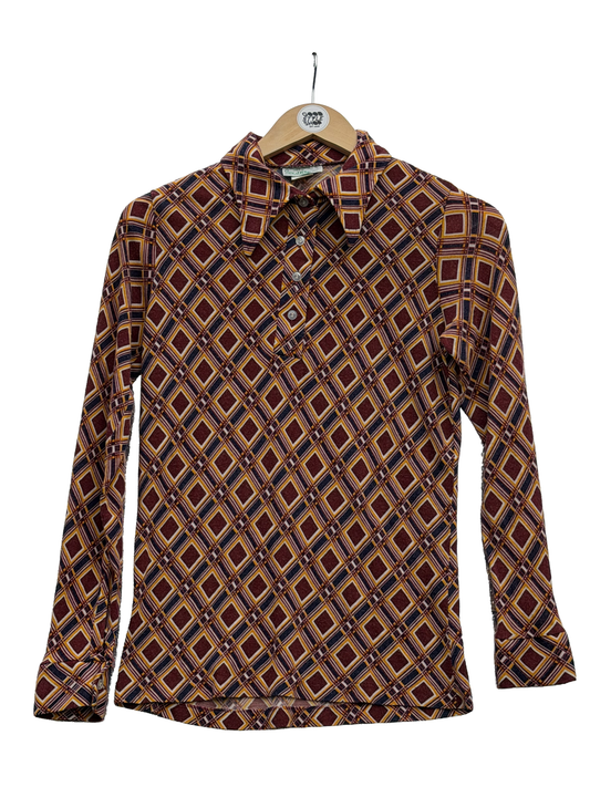 1970s Maroon Navy Diamond Print Fitted Shirt