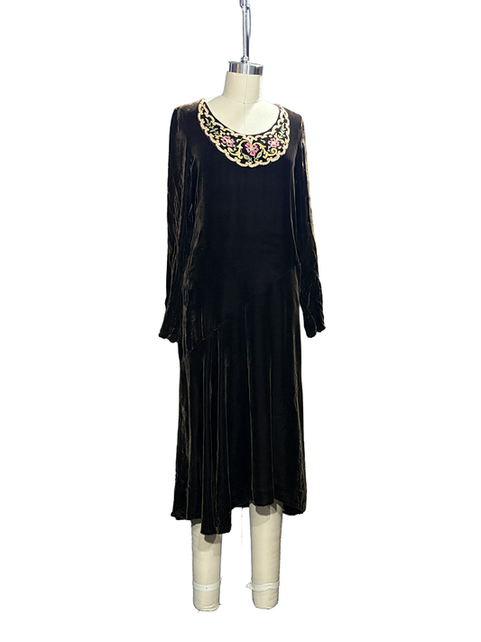 1920s Brown Silk Velvet Bias-Cut Embroidered Scoop Neck Evening Dress