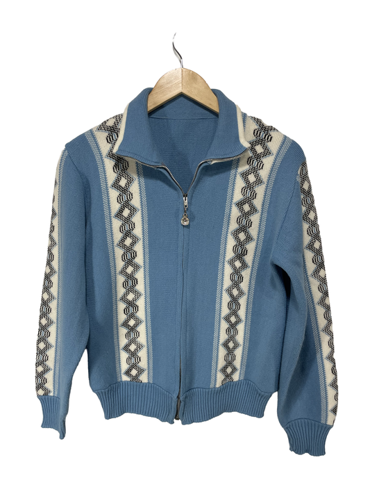 1960s Powder Blue Ski Stripe Zip Front Wool-Blend Men’s Cardigan / Size S