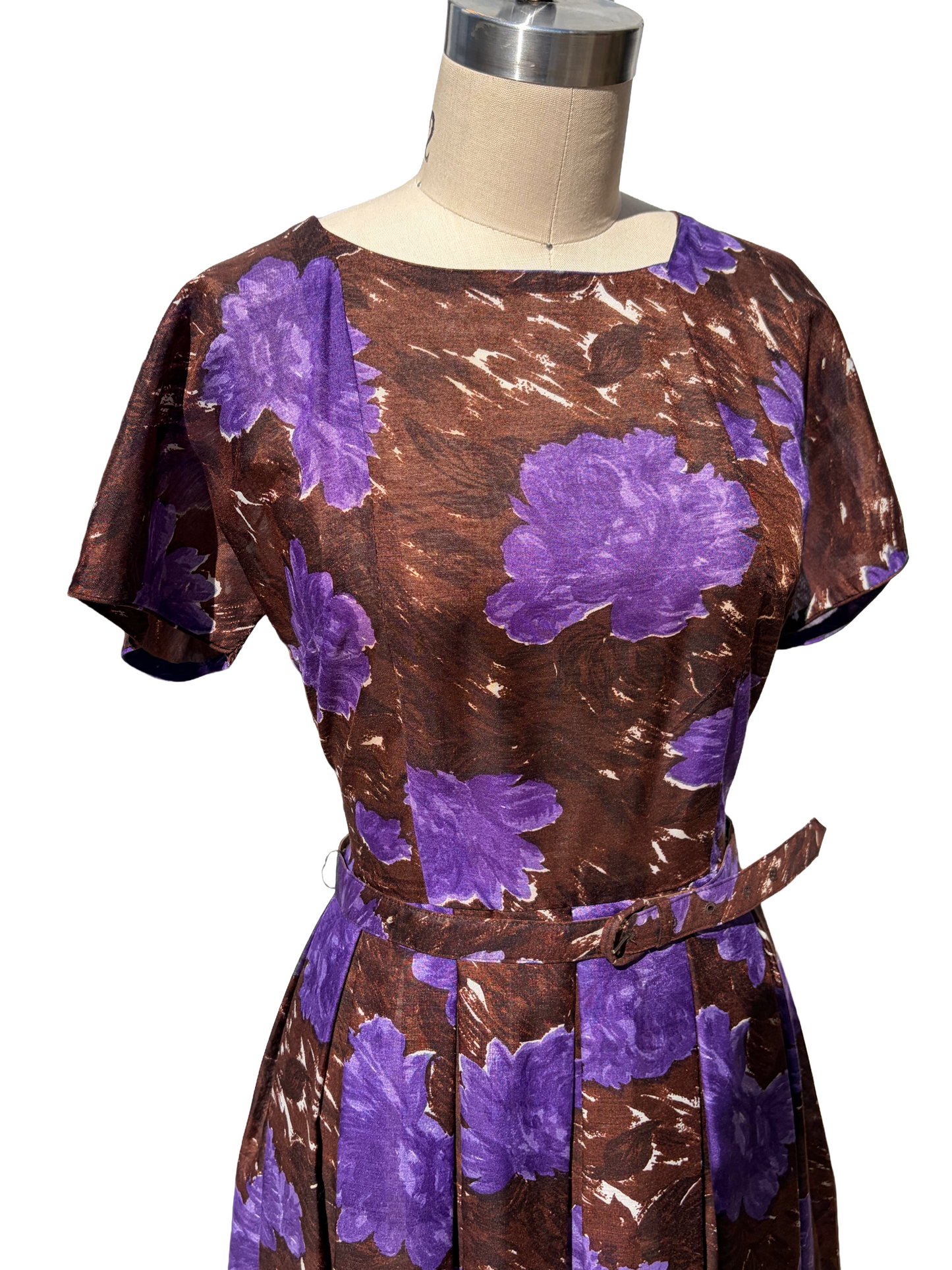 1950s Brown Purple Painterly Print L’Aiglon Bolero Day Dress