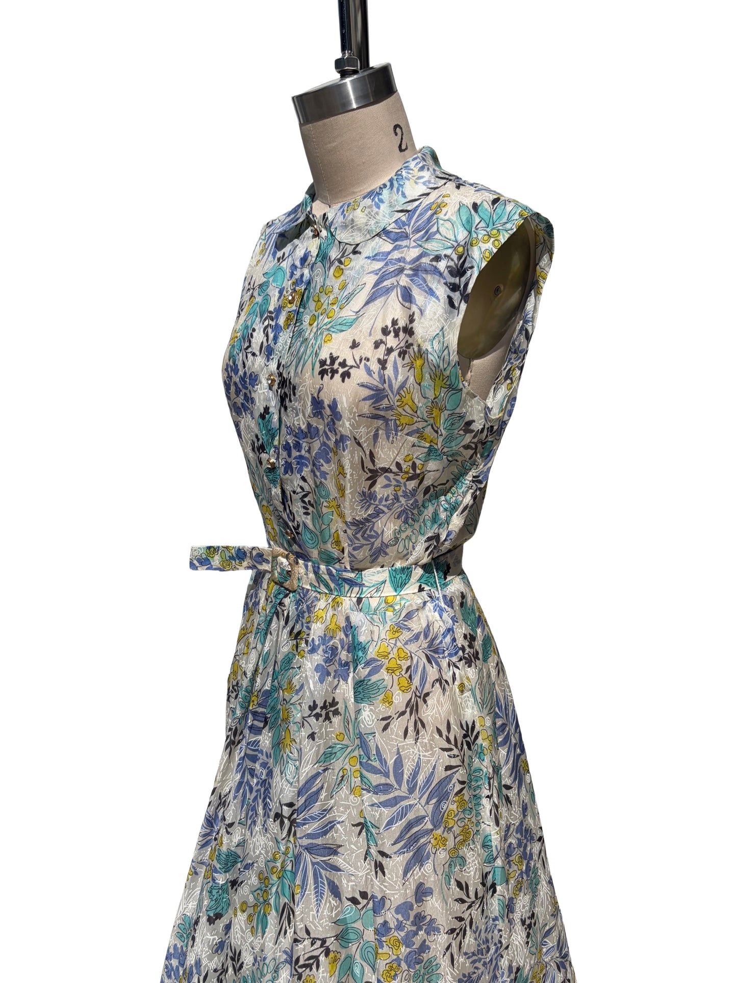 1950s Atomic Blue Leaves Rhinestone Sheer Garden Party Dress