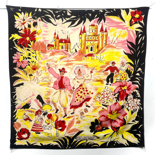 1950s Alpine Switzerland Fantasy Silk Souvenir Scarf