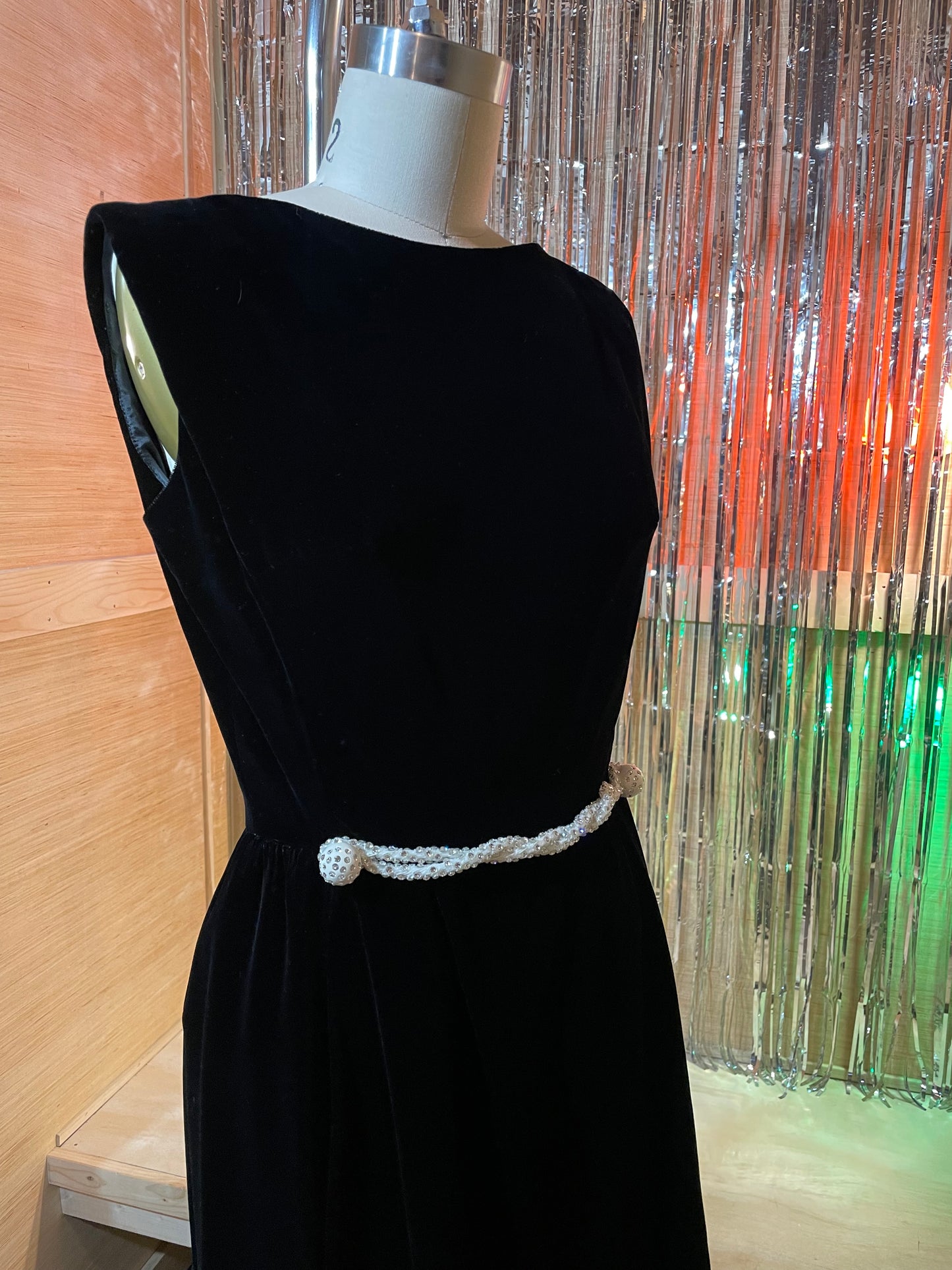 1960s Black Velvet White Rhinestone Belt Detail Mod Party Dress