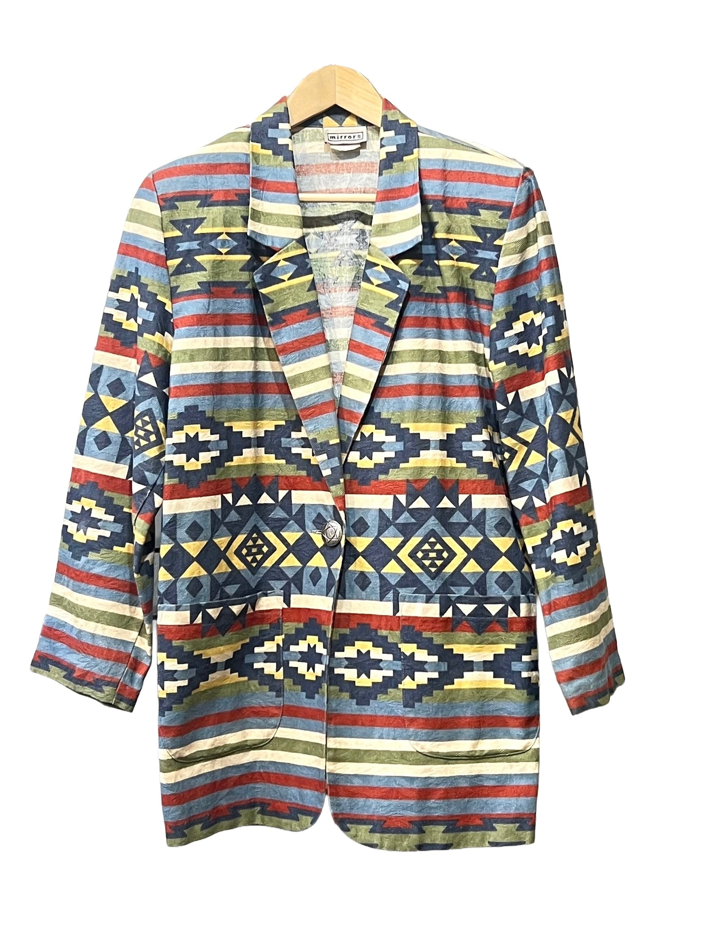 1990s Bold Earthtones Flocked Cotton Concho Button Oversized Blazer