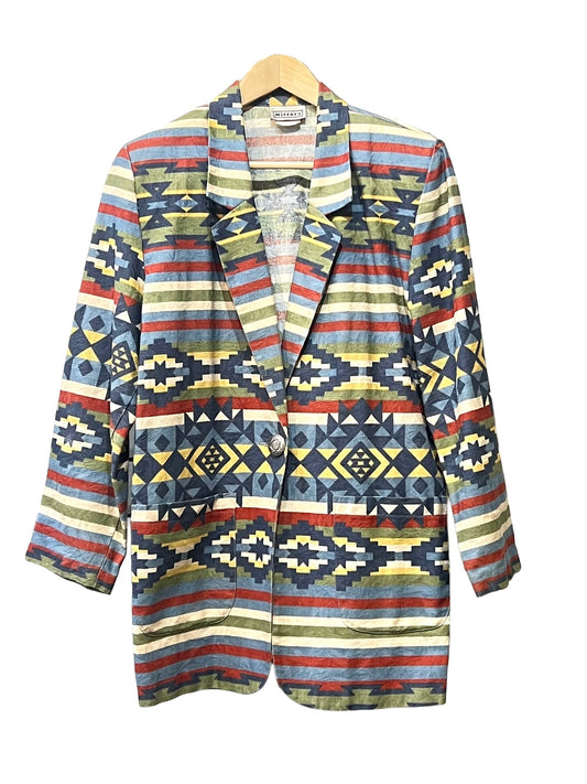 1990s Bold Earthtones Flocked Cotton Concho Button Oversized Blazer