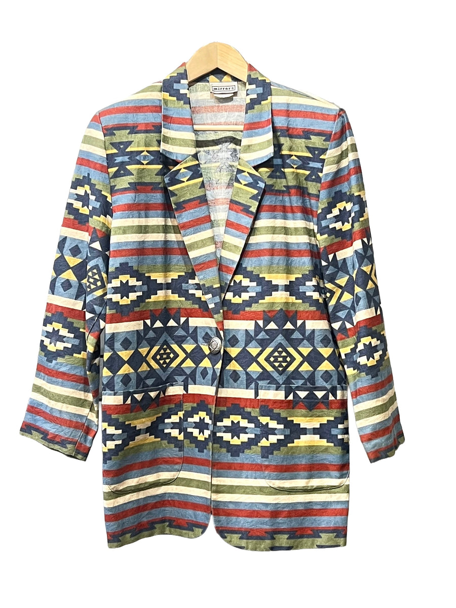 1990s Bold Earthtones Flocked Cotton Concho Button Oversized Blazer