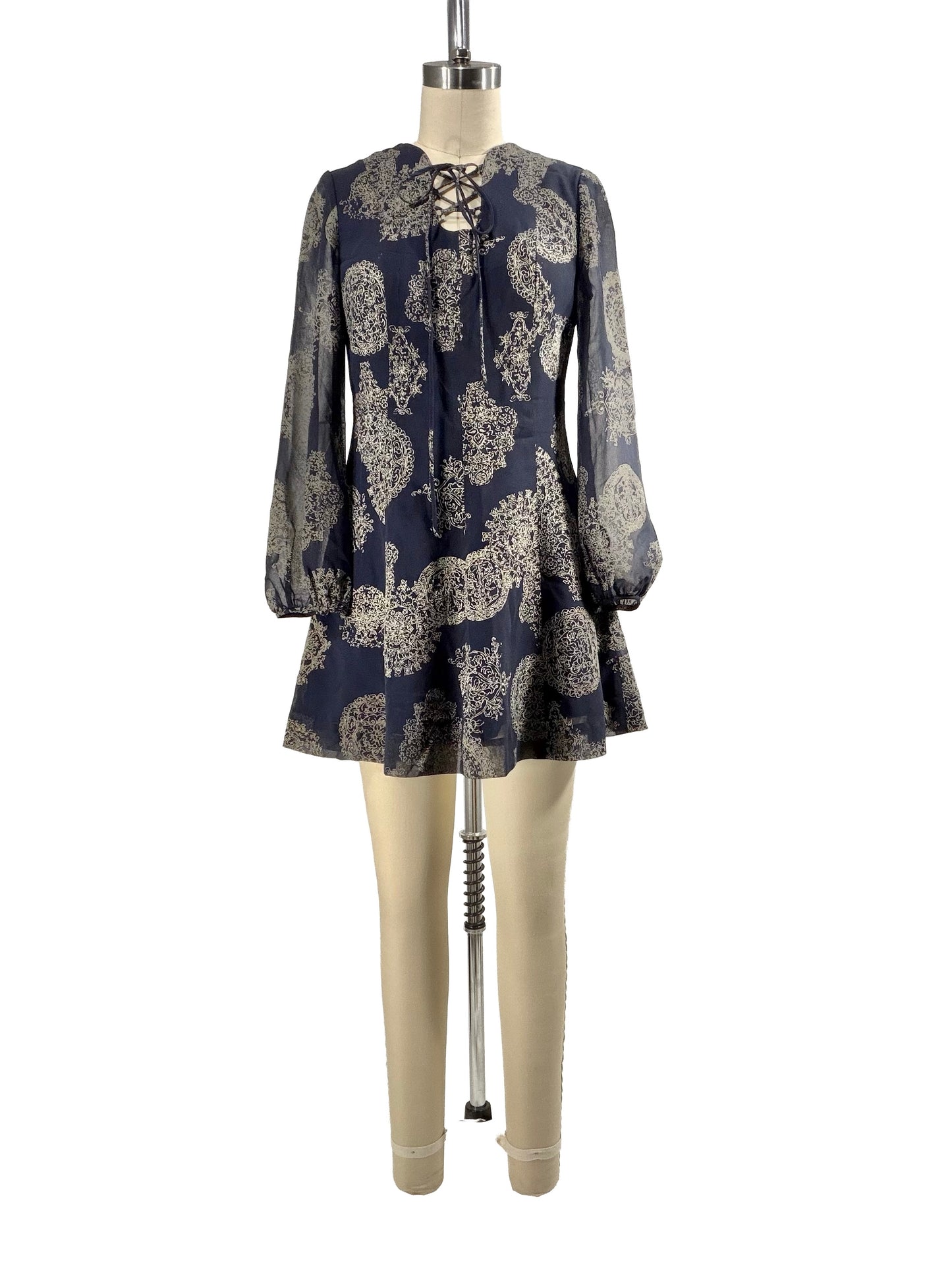 1990s Navy Blue Poly Crepe Sheer Sleeve Mini Dress