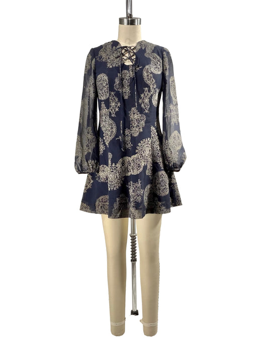 1990s Navy Blue Poly Crepe Sheer Sleeve Mini Dress